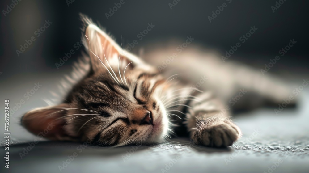 Aufkleber cute little kitten sleeping on the floor. shallow depth of field - generative ai