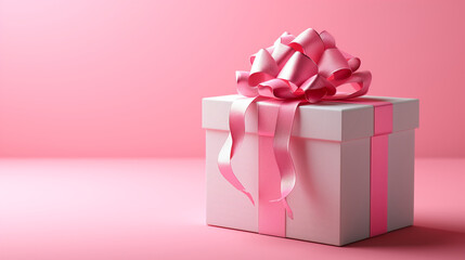 Gift box with pink bow on pink background.