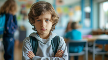 Portrait of serious schoolboy looking at camera in classroom. Selective focus.