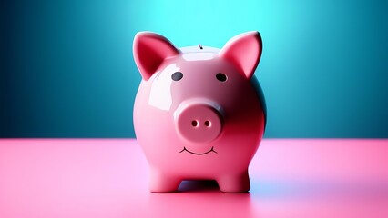 Piggy bank in the form of a pink pig on a bright background.