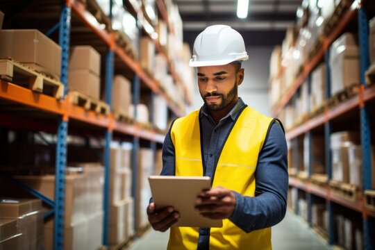 Warehouse worker using digital tablet in warehouse. This is a freight transportation and distribution warehouse. Industrial and industrial workers concept
