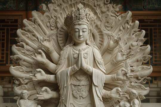 Avalokitesvara sculpture in white marble.