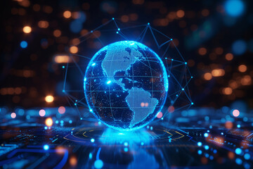 Fototapeta premium Earth's radiant blue sphere hologram floating in the cosmic expanse, surrounded by stars, symbolizing global connectivity, technological advancement.