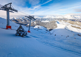 Fototapeta na wymiar Skiing in Bellvue Saint-Gervais-les-Bains, Alps mountain, France.