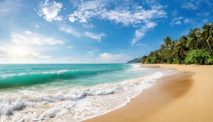 Obraz premium Beautiful tropical wave of summer sea surf. Soft turquoise blue ocean wave on the golden sandy beach.