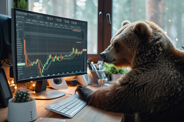 Big bear sitting near computer screen with red stock market. Bear market - obrazy, fototapety, plakaty