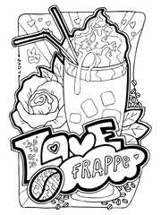 Coffee cup colouring book pages for antistress and relaxation. Hand drawn cartoon line style illustration. Morning ritual for coffee lovers, cafe decoration, restaurant menu, poster print design.