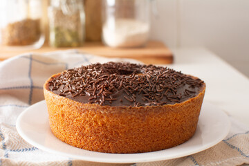 Delicious Carrot Cake with Chocolate Frosting and Brigadeiro Sprinkles in the kitchen fron view