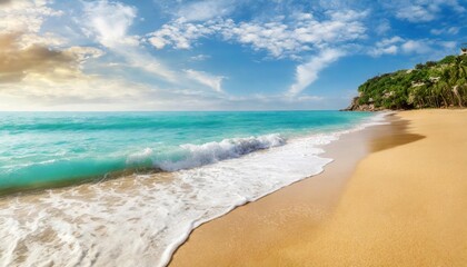 Obraz premium Beautiful tropical wave of summer sea surf. Soft turquoise blue ocean wave on the golden sandy beach.