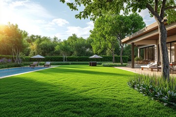 Back house yard with green grass, nice landscaping and swimming pool