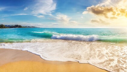Beautiful tropical wave of summer sea surf. Soft turquoise blue ocean wave on the golden sandy beach.
