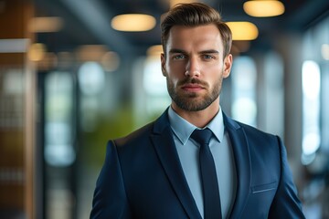 Naklejka premium Portrait of handsome businessman in suit looking at camera in the office