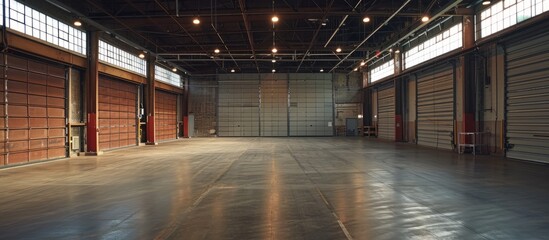 Spacious and vacant warehouse, loading dock doors. - obrazy, fototapety, plakaty