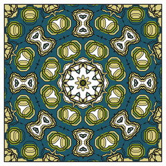 Square mosaic panel with concentric geometric patterns. Decor element for a design project. Multicolor palette. Version No. 6. Vector illustration