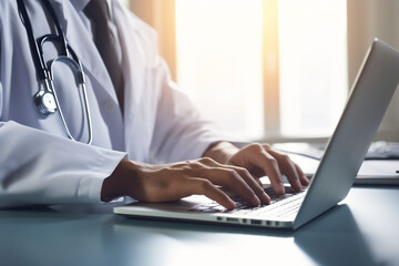 A healthcare professional in a white coat is working on a laptop in a sunlit office, exuding a calm and efficient atmosphere. It's ideal for illustrating medical administration.