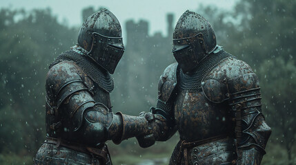 Two medieval knights in armor shaking hands on the background of the forest