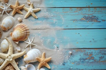 Seashells with starfish and beach sand on wooden background