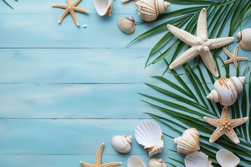 Tropical palm leafs with seashells and starfish on wooden background