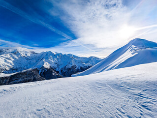 Skiing in Bellvue Saint-Gervais-les-Bains, Alps mountain, France.