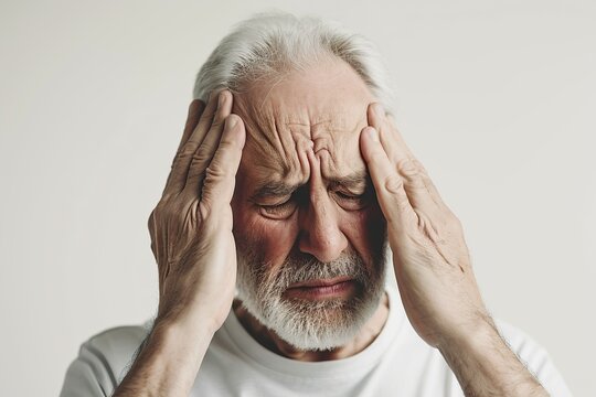 Senior man with hands on head of migraine