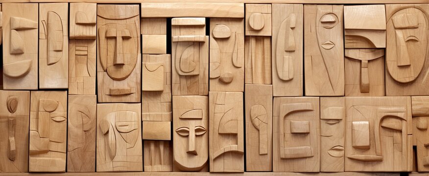 Stylish decorative panel with light brown wood block mosaic with abstract images of faces, natural wood texture for interior design, art 3D illustration Generative AI