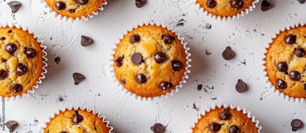 Canvas Prints top view of light textured table with delicious muffins topped with chocolate chips.