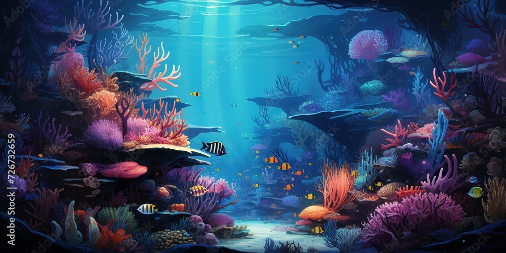 Wall mural Tropical sea fishes and coral reefs, underwater landscape wildlife. Colorful marine panorama, wallpaper illustration Generative A