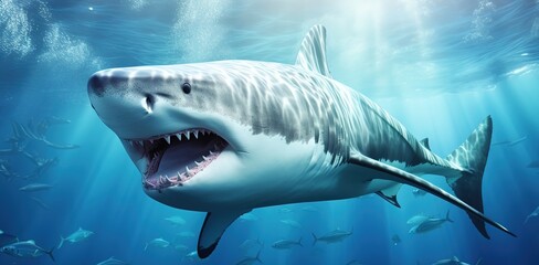 Great white shark close up with open toothy dangerous mouth with many teeth swims forward in clear blue water, wallpaper illustration Generative AI