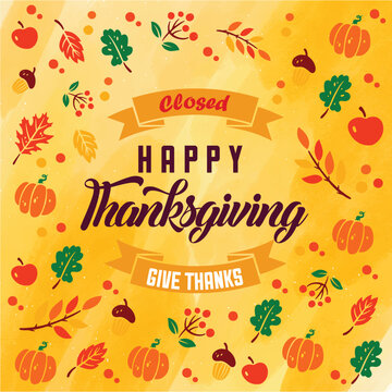 Happy Thanksgiving text with pumpkins, fruits, vegitables and leaves over yellow background. Happy Thanksgiving 2023: Wishes, images, greetings to share with family and friends. EPS included