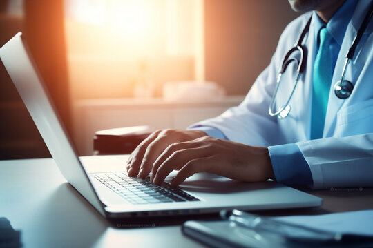 close-up of a doctor's hands using a laptop, hinting at a modern healthcare environment. This image projects a sense of innovation in medicine and data entry.