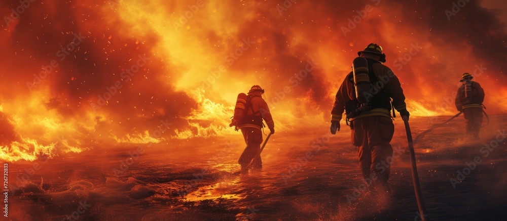 Poster Courageous firefighters traverse the open area with heavy fire hoses, symbolizing their preparedness to face the blazing inferno.