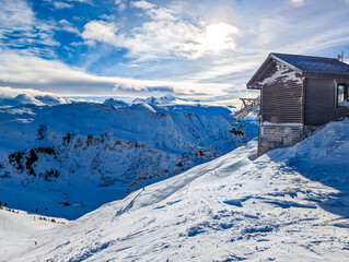 Fototapeta na wymiar Winter French Alps, ski resort Flaine, Grand Massif near Mont Blanc, France