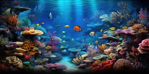 Fototapeta na wymiar Colorful corals and exotic fish, underwater coral reef panoramic background, marine life ecosystem wallpaper illustration Generative AI