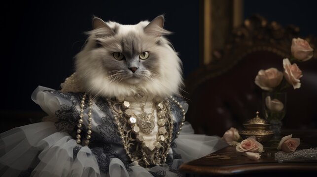 Portrait of a cat dressed in Victorian clothes. Vintage fashionable portrait of a cat