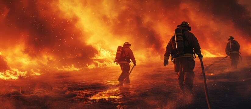 Courageous firefighters traverse the open area with heavy fire hoses, symbolizing their preparedness to face the blazing inferno.