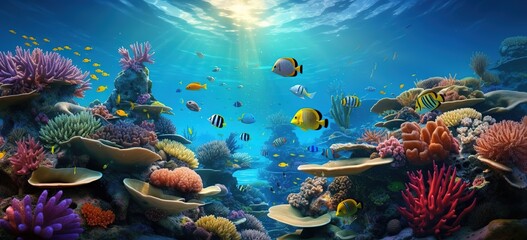 Colorful corals and exotic fish, underwater coral reef panoramic background, marine life ecosystem wallpaper illustration Generative AI - obrazy, fototapety, plakaty