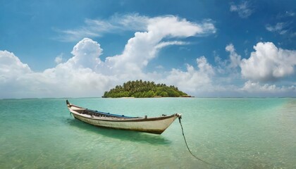 Naklejka na ściany i meble High-quality photo Boat in turquoise ocean water against blue sky with white clouds and tropical island. Natural landscape for summer vacation, panoramic view.