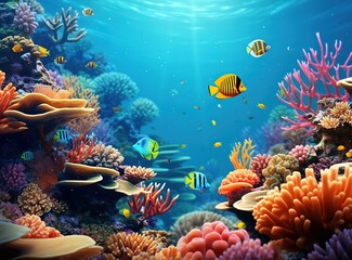 Tropical sea fishes and coral reefs, underwater landscape wildlife colorful marine panorama, wallpaper illustration Generative AI