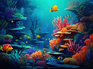 Obraz na płótnie Canvas Colorful corals and exotic fish, underwater coral reef panoramic background, marine life ecosystem wallpaper illustration Generative AI