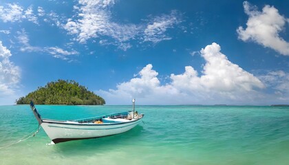 Naklejka na ściany i meble High-quality photo Boat in turquoise ocean water against blue sky with white clouds and tropical island. Natural landscape for summer vacation, panoramic view.