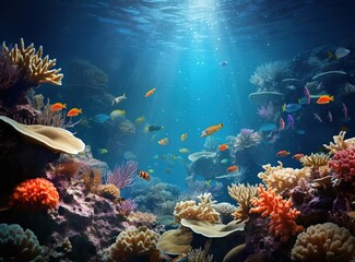 Fototapeta na wymiar Colorful fish swimming around beautiful corals under the sea, underwater landscape wildlife. Colorful marine panorama, wallpaper illustration Generative AI