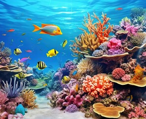 Obraz na płótnie Canvas Colorful corals and exotic fish, underwater coral reef panoramic background, marine life ecosystem wallpaper illustration Generative AI
