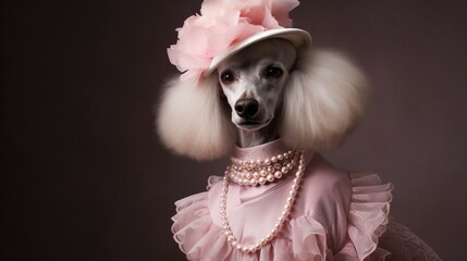 Portrait of a dog dressed in Victorian clothes. Vintage fashion portrait of a dog