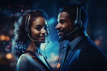 Man and a woman, facing each other with headsets on, are backlit by blue and violet hues, smiling...