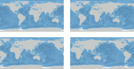 Simplified World Map in PlateCarree Projection, with Shaded Relief for Oceans - 4 world maps each 55 degree apart in a Plate Carree (rectangular) projection