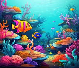 Fototapeta na wymiar Bright fish swim around beautiful corals under the sea, underwater wildlife landscape. Colorful sea panorama, cartoon wallpaper illustration Generative AI