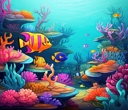 Bright fish swim around beautiful corals under the sea, underwater wildlife landscape. Colorful sea panorama, cartoon wallpaper illustration Generative AI