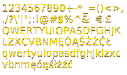 Polish - United States - England 3d gold ornamental Letters , numbers and special characters on isolated transparent background