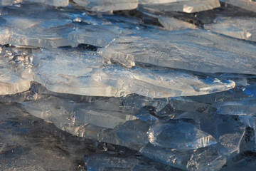 Winter landscape. Ice floes on the lake.