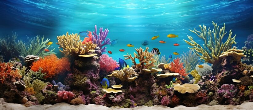 Colorful beautiful corals and small exotic fish, underwater coral reef panoramic background, marine life ecosystem wallpaper illustration Generative AI